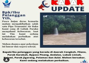 Pipa Transmisi Air Baku Lubuk Paraku DN 400 di Sungai Lubuk Sarik Alami Kebocoran